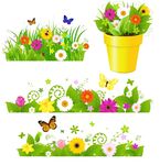 多彩花卉盆栽与草地图案