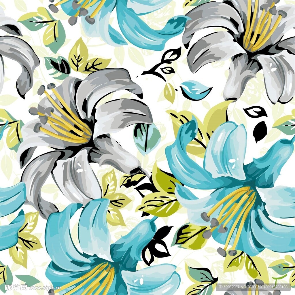 蓝白花卉图案设计素材