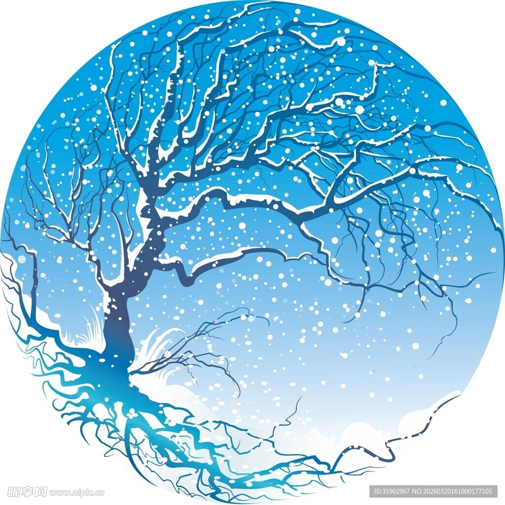 冬日独树雪覆蓝枝景象