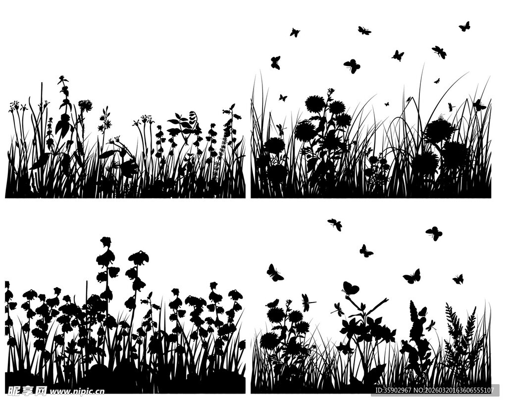 花草蝴蝶剪影图案集合