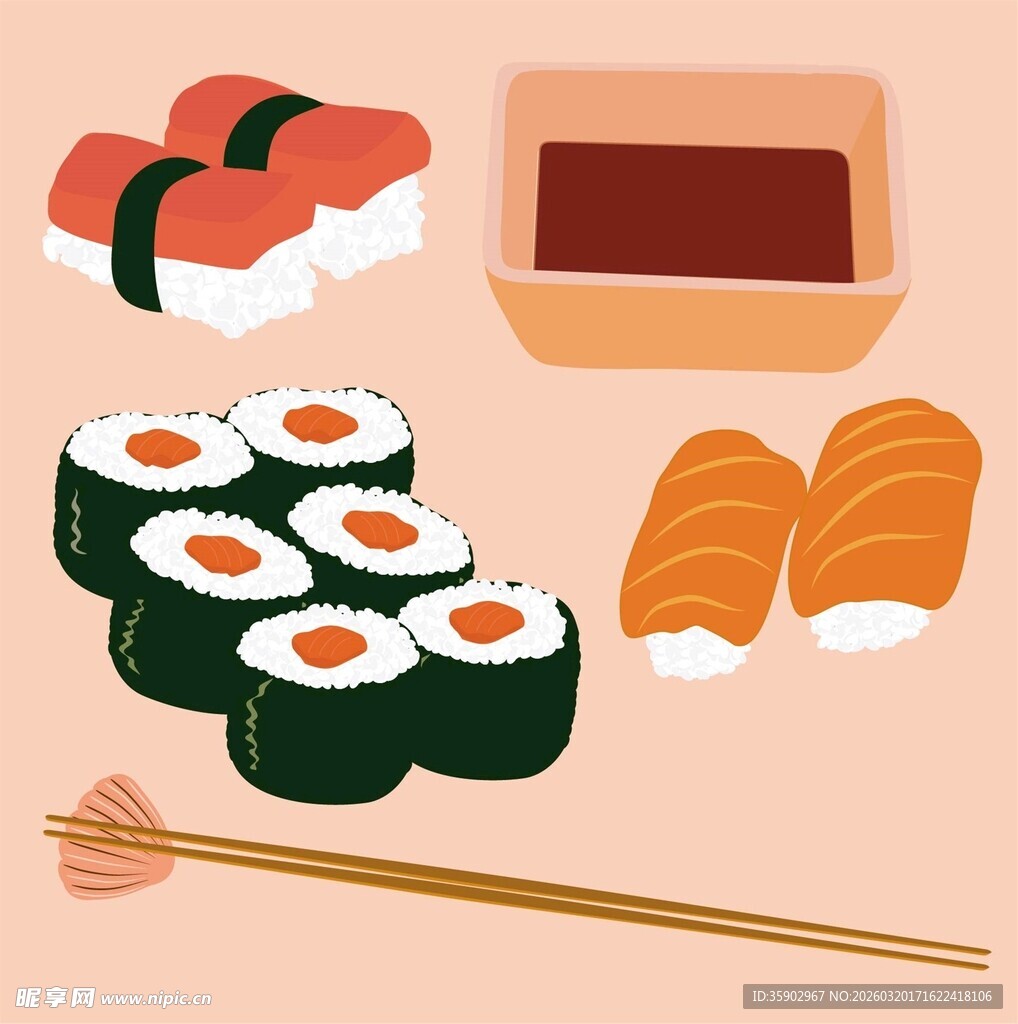 多样寿司与蘸料筷子组合