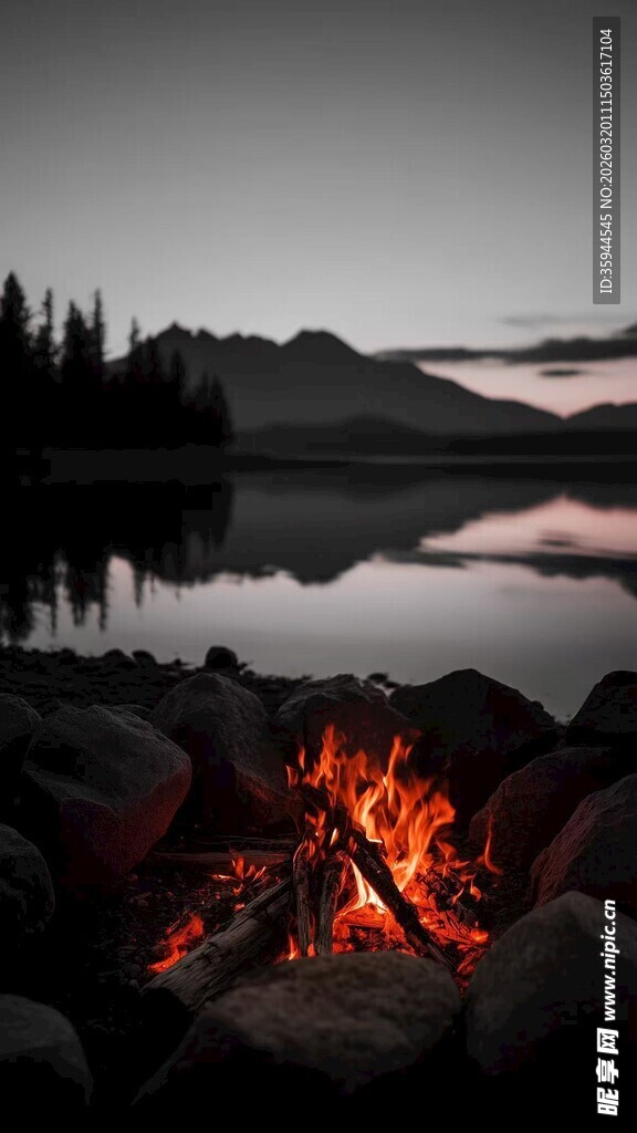 湖畔篝火夜景