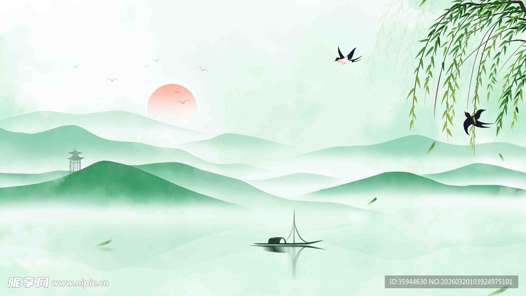 水墨山水诗意泛舟图景