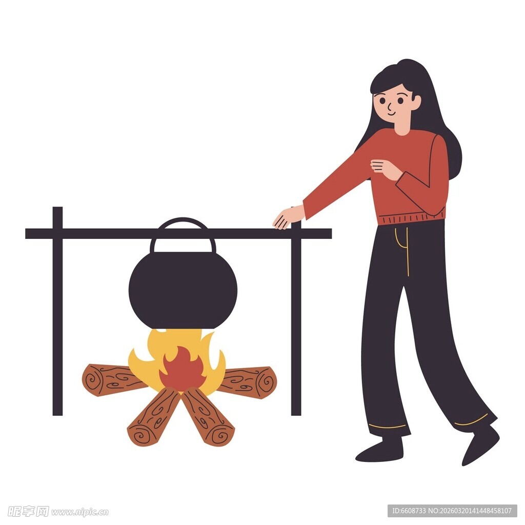 女子户外生火烹煮