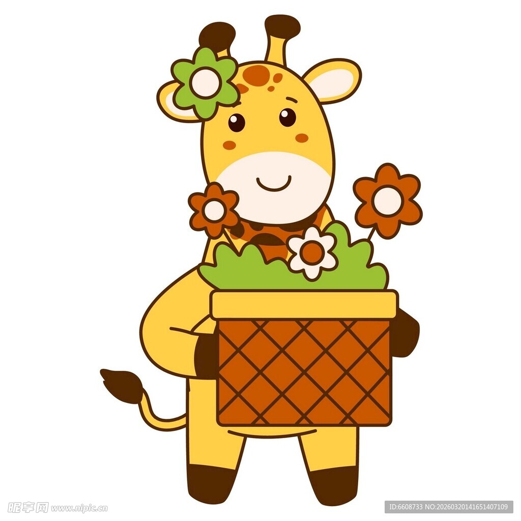 长颈鹿捧花箱的可爱插画