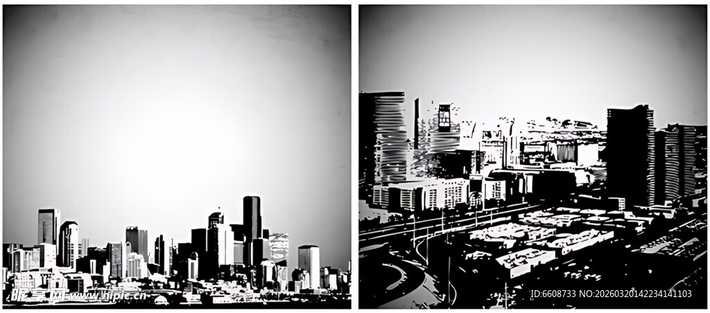 城市天际线黑白对比画面