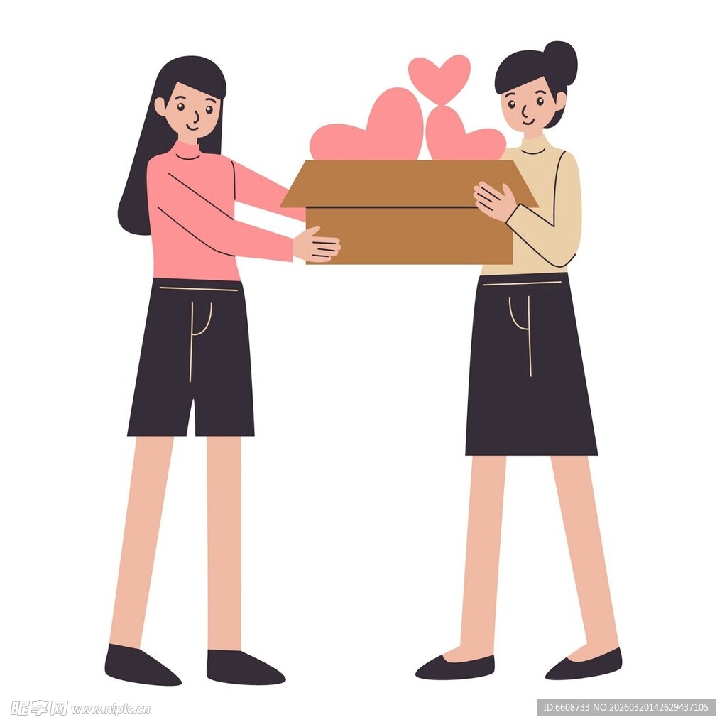 两人协作搬运爱心箱子