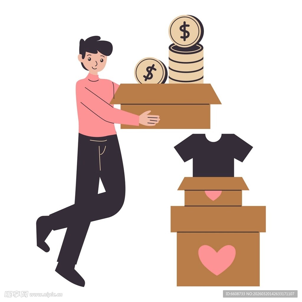 男子搬运爱心与金钱相关物品