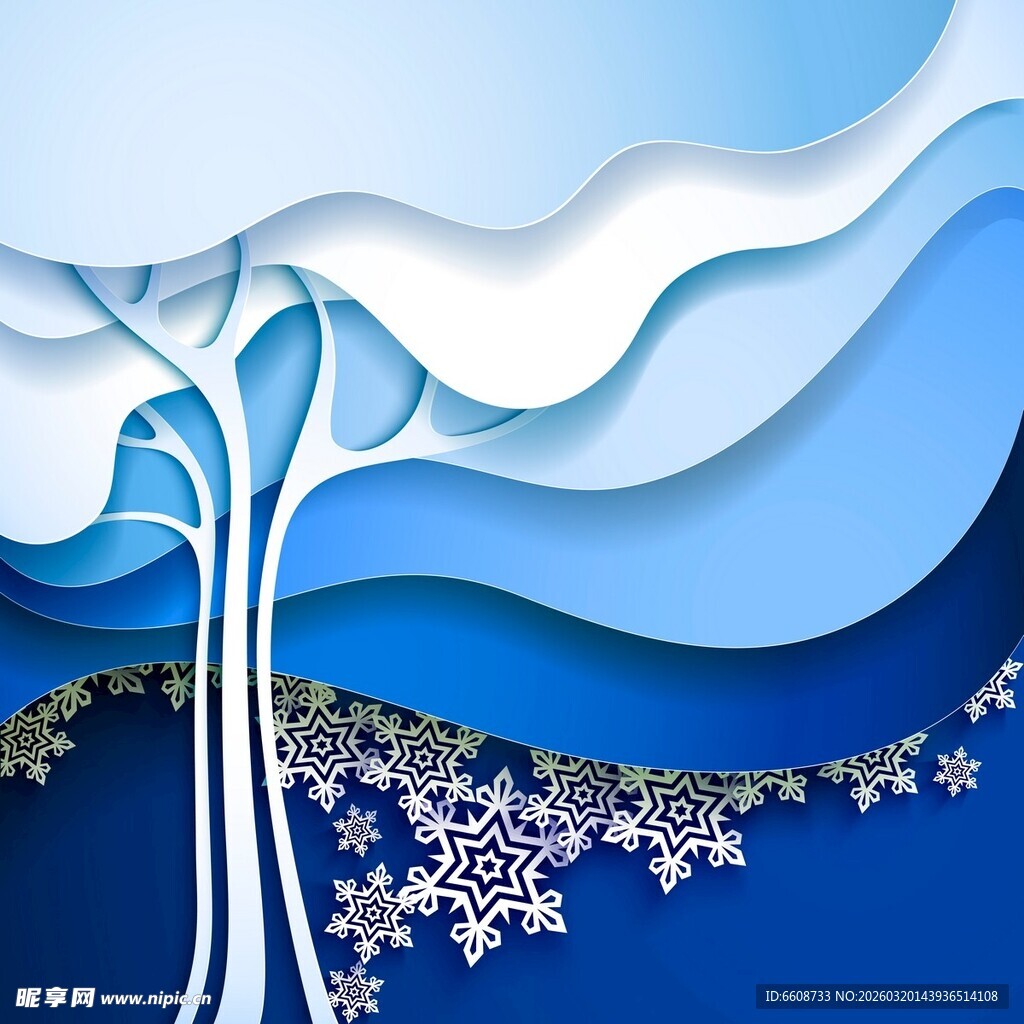 冬日剪纸风雪景树图案