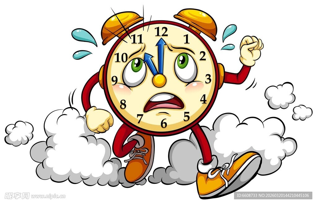 奔跑的卡通闹钟表情慌张