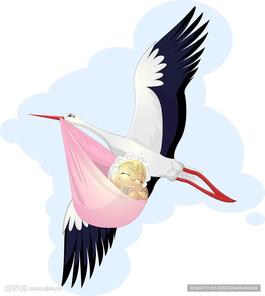 送子鹳衔婴儿飞行图