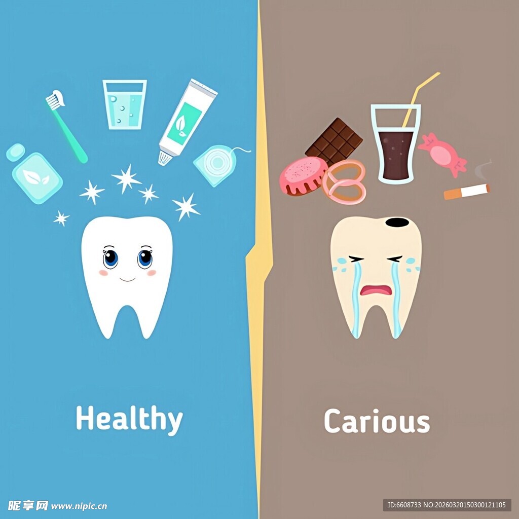 健康与龋齿牙齿对比图