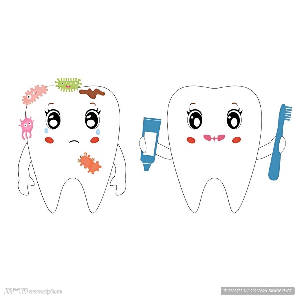 可爱牙齿卡通形象与牙刷