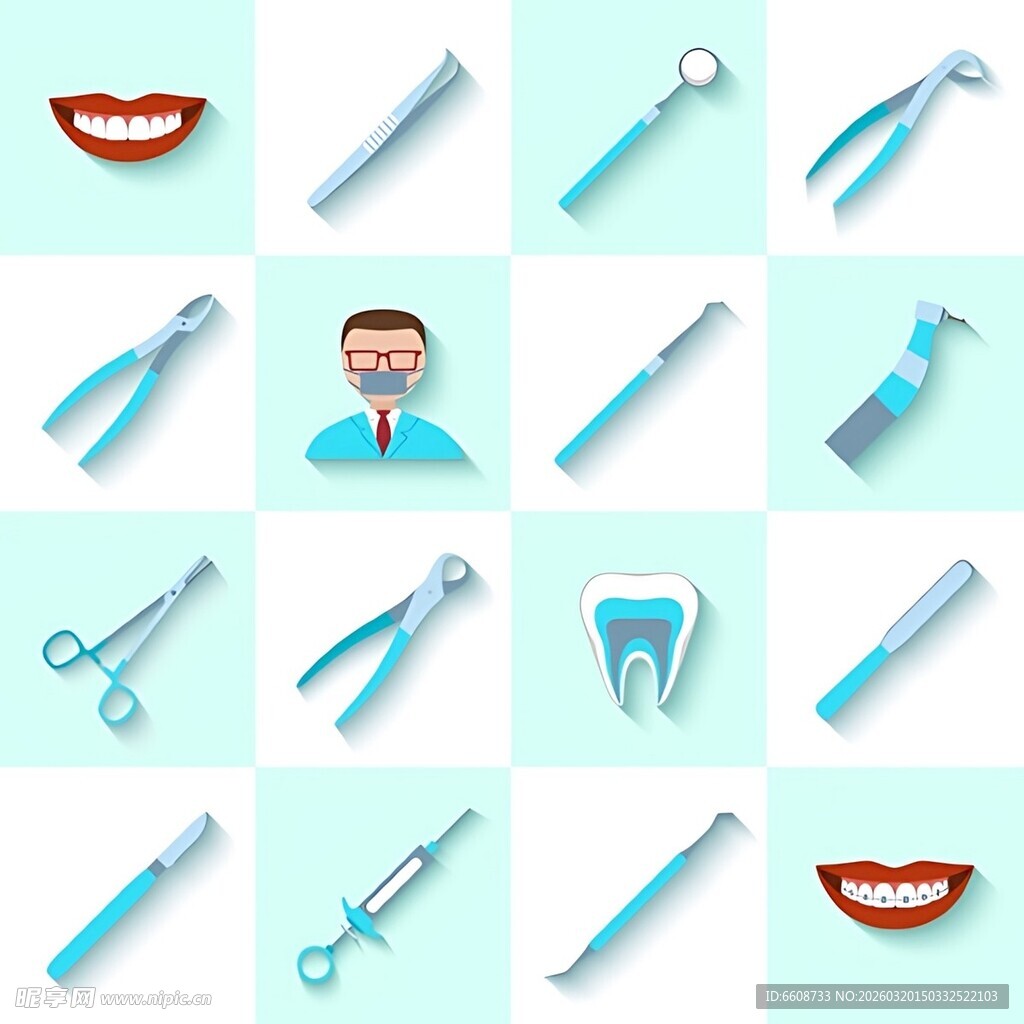 牙科工具与微笑图标集合