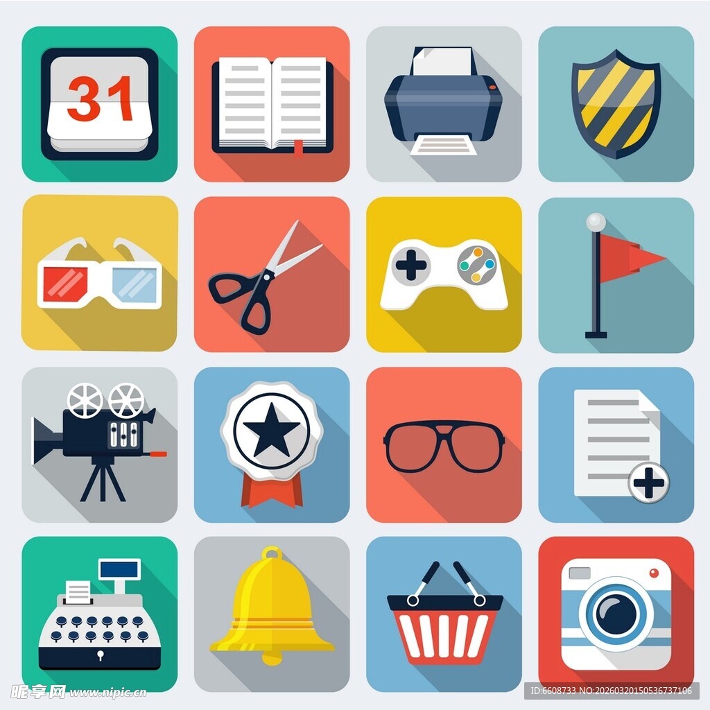 多彩扁平化办公娱乐图标集