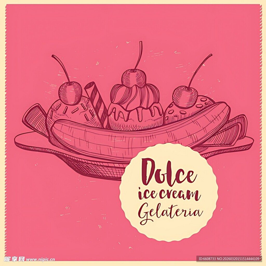 手绘粉色碗装美味冰淇淋