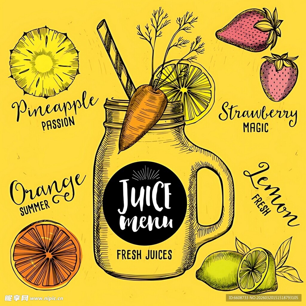 手绘果汁插画与新鲜水果