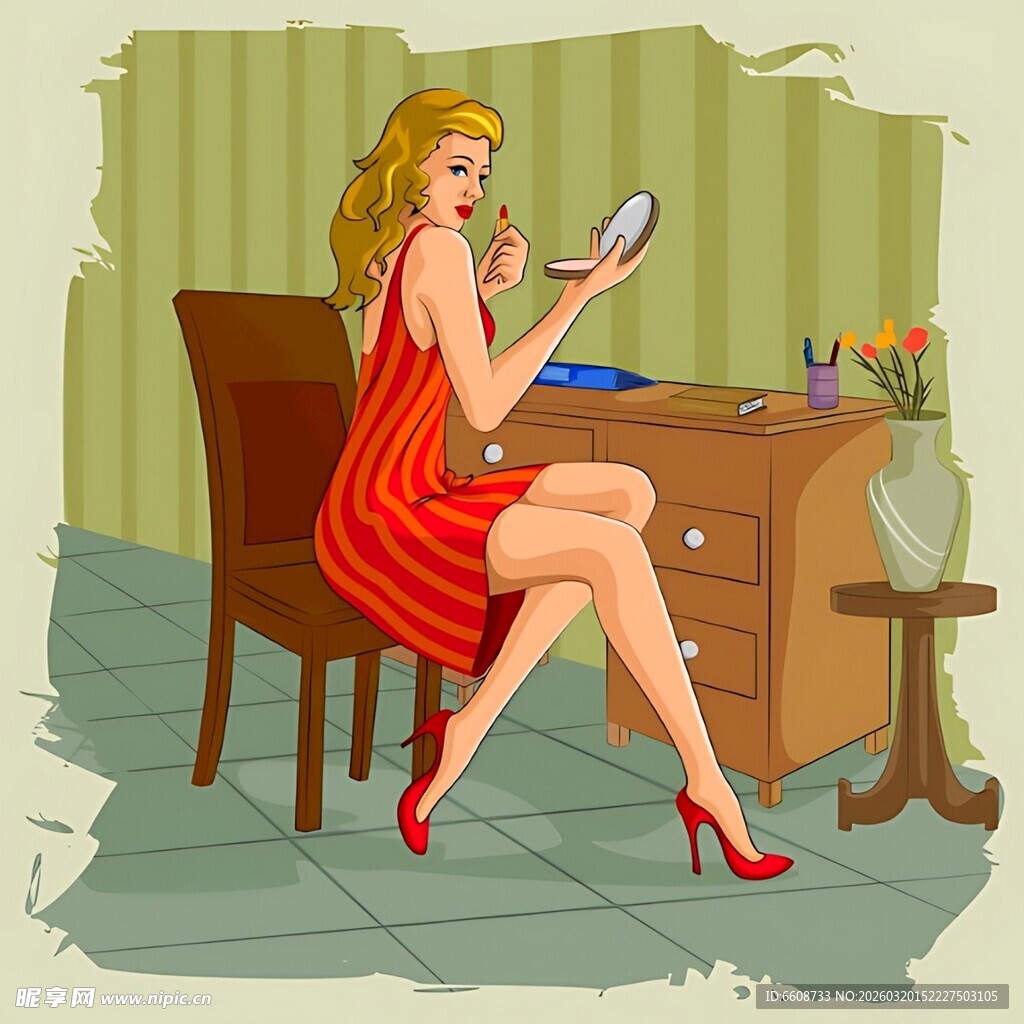 红衣女子优雅对镜化妆