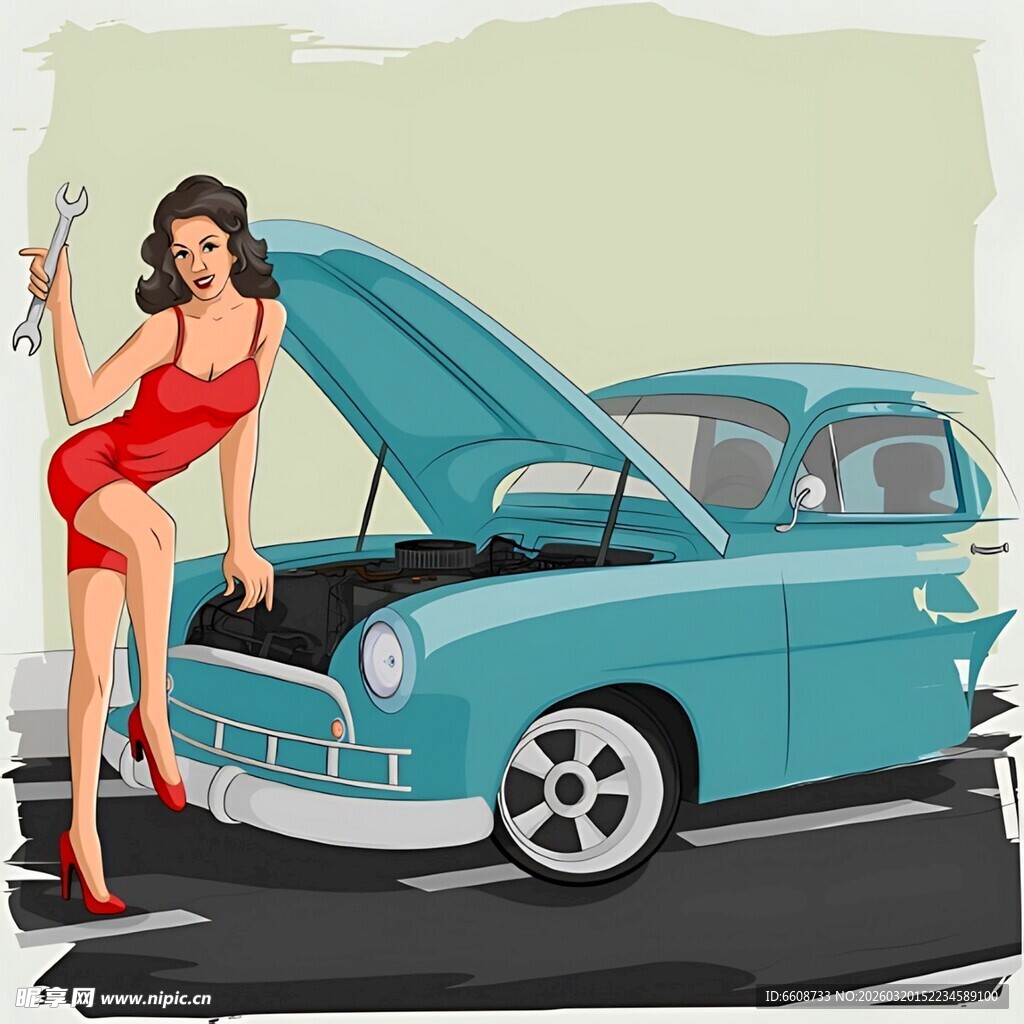 红衣女郎与复古敞篷车