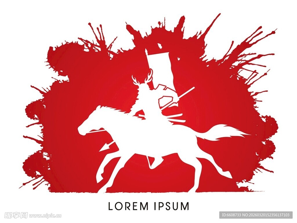 骑马剪影红色泼墨背景