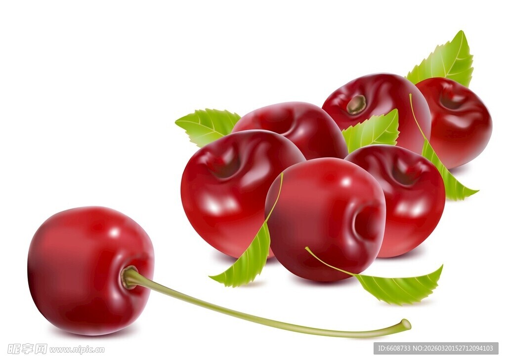 新鲜红樱桃饱满带绿叶