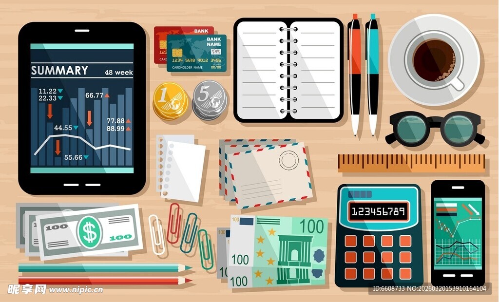 办公桌面的多样商务用品