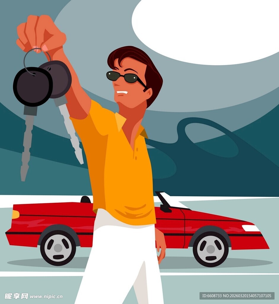 男子手持车钥匙与红色轿车