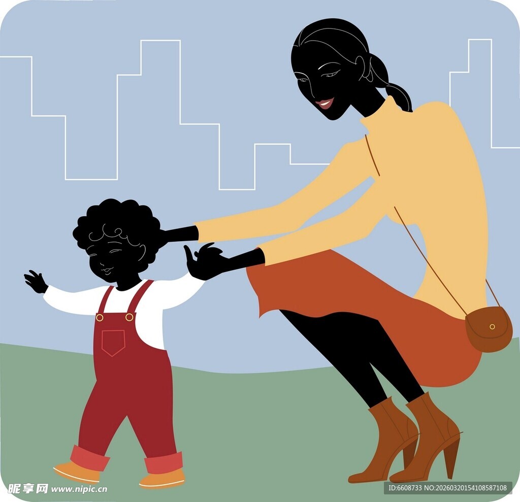 母亲教孩子走路的温馨瞬间