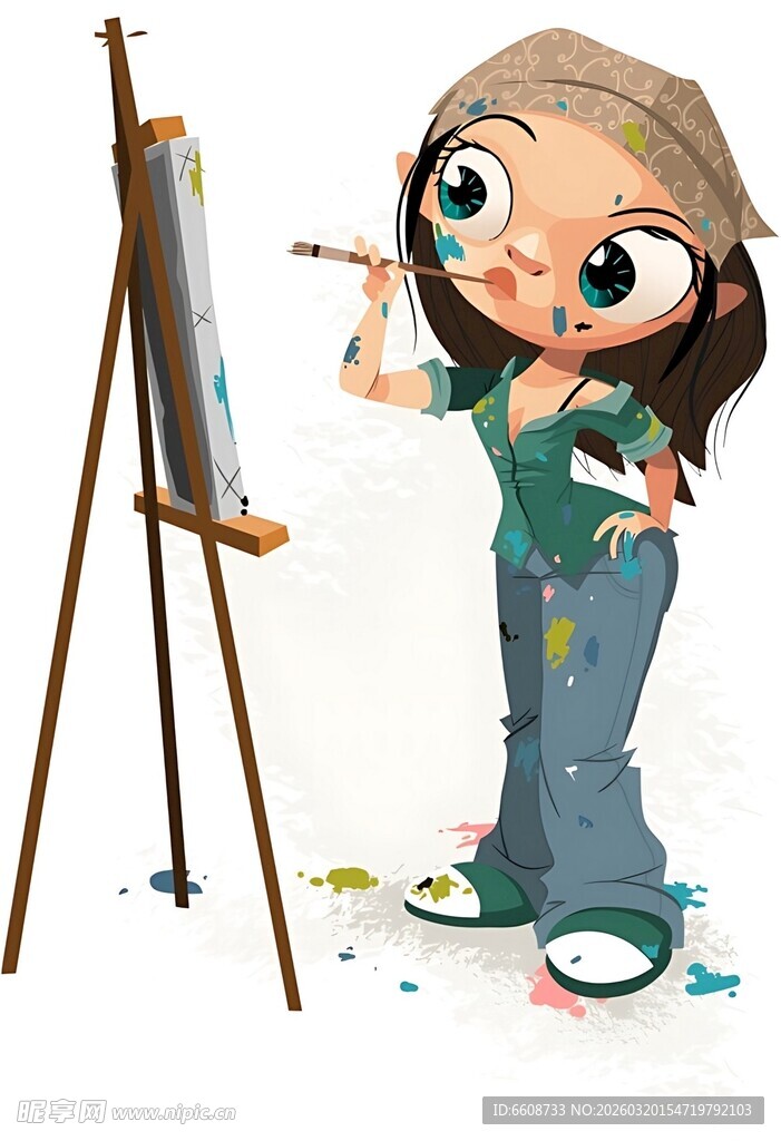 可爱女孩专注于绘画创作