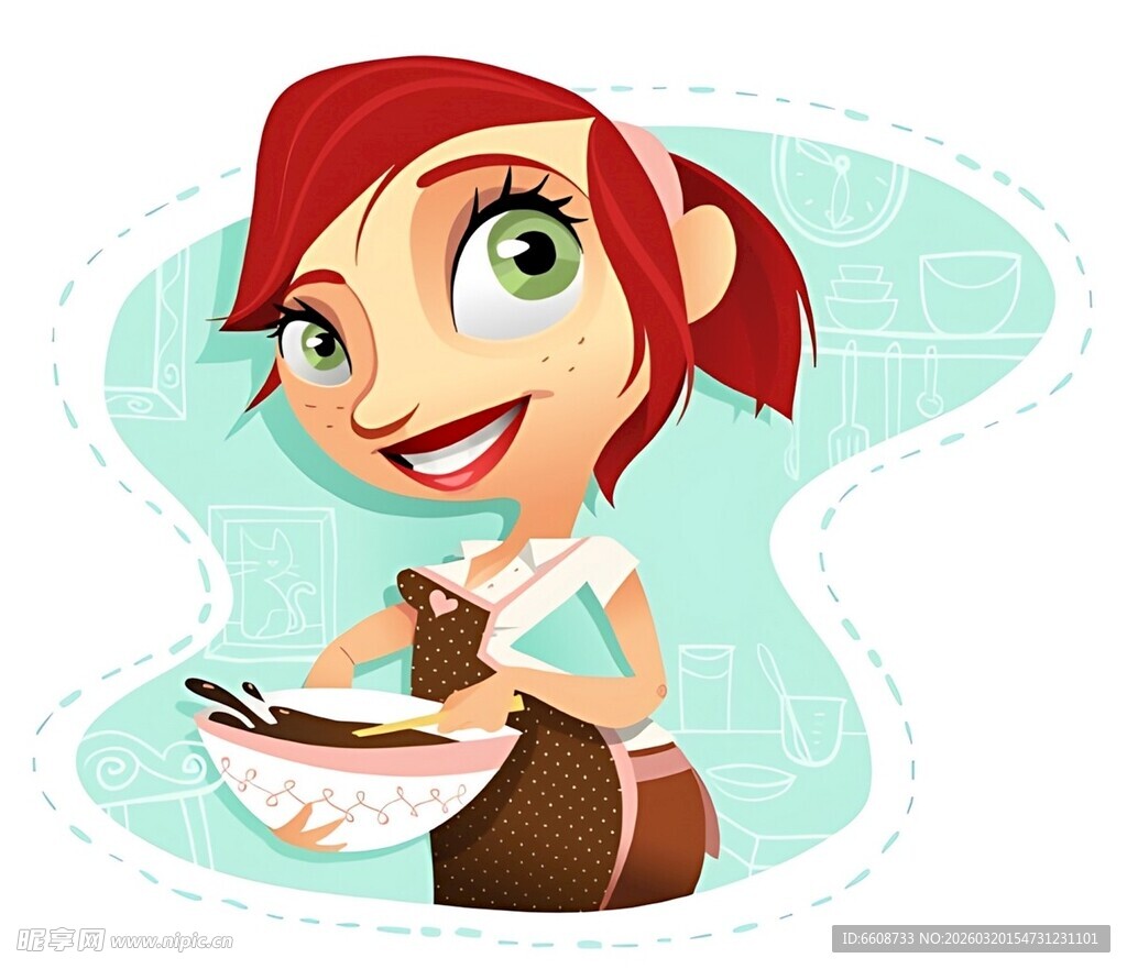 红发女孩手持托盘微笑