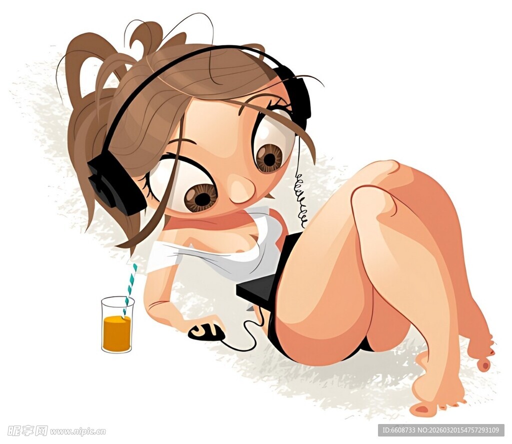 戴耳机侧卧的俏皮卡通女孩