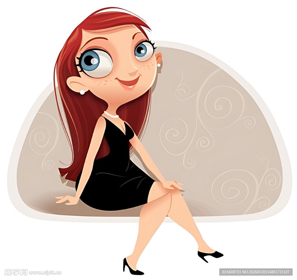 红发黑衣美少女坐姿图