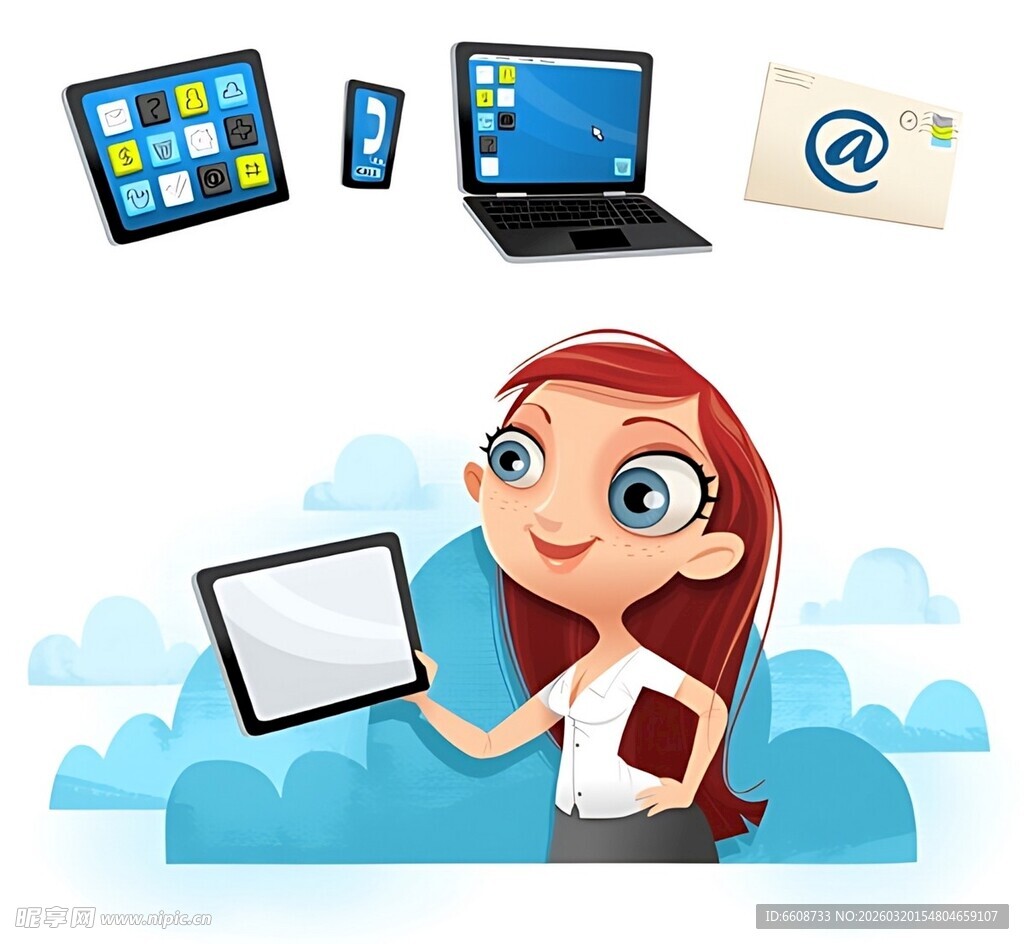 女孩展示多样电子设备