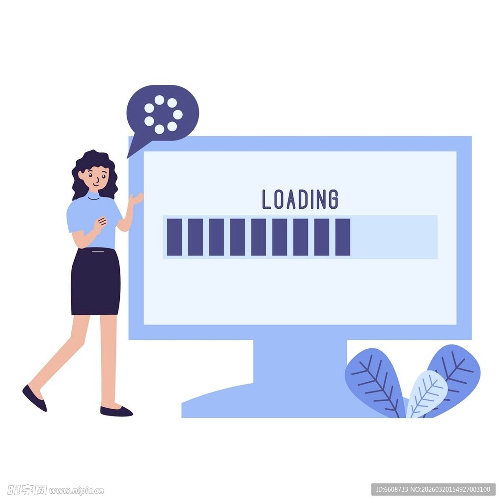 女士旁电脑显示加载进度