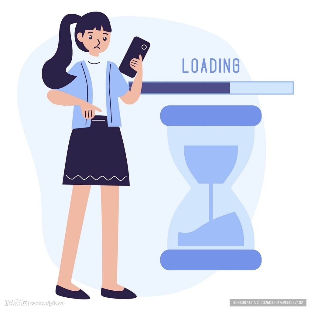女子等待手机加载进度