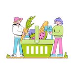 两人在购物篮旁挑选商品