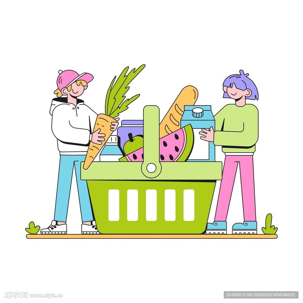 两人在购物篮旁挑选商品