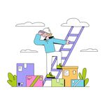 工人登高俯瞰多彩建筑群