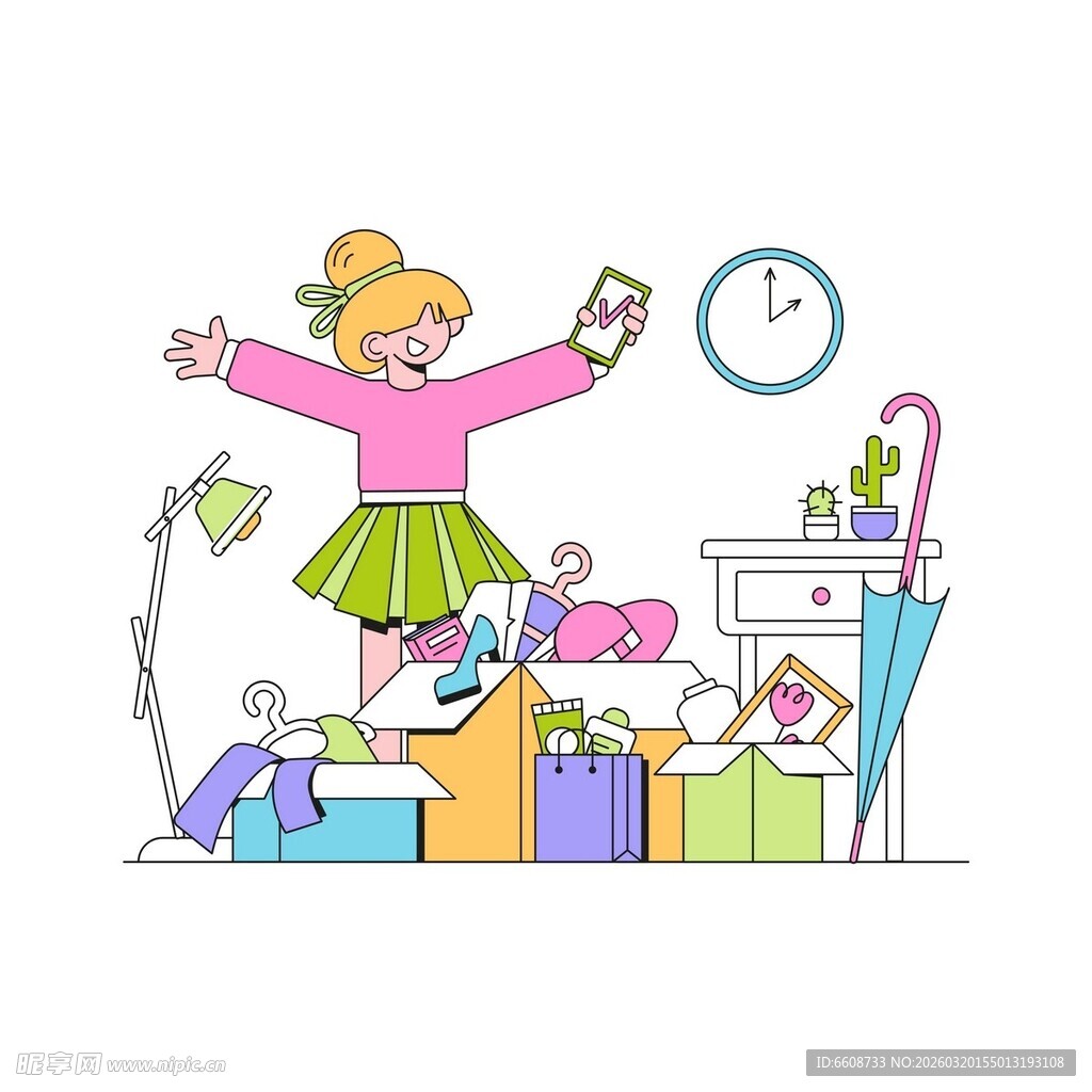 女孩开心整理杂乱房间