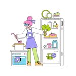 女孩在厨房打开冰箱取物