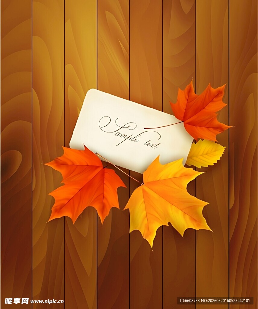 秋日木桌落叶留言卡
