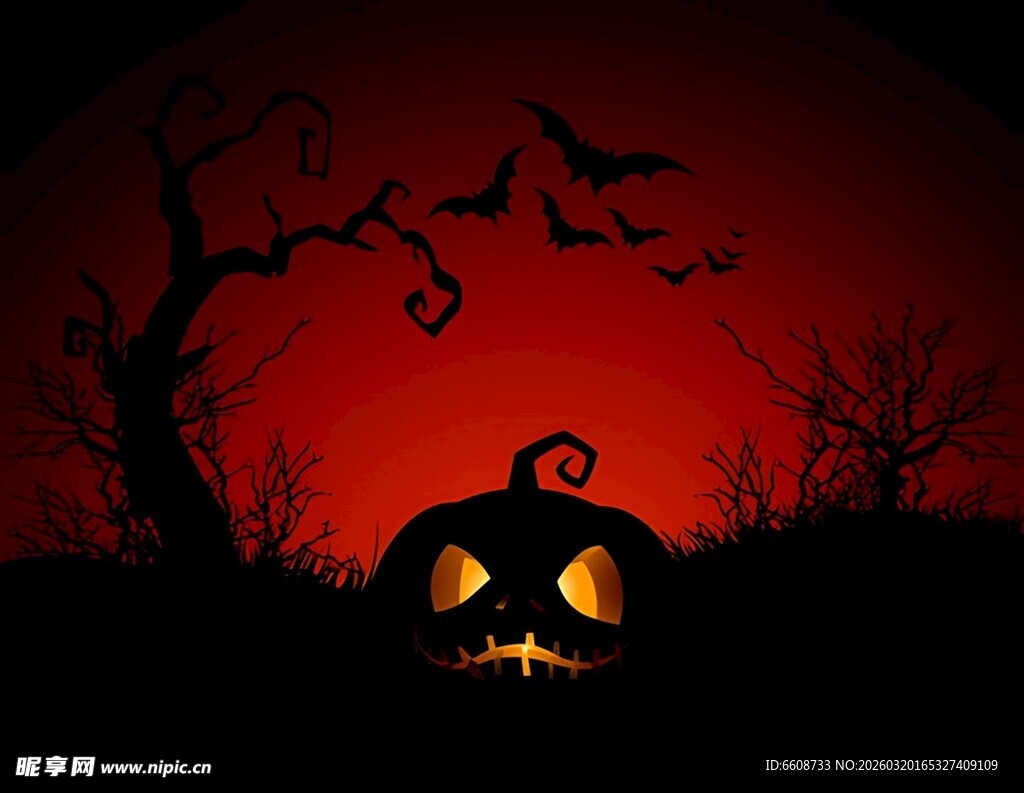 万圣节南瓜与蝙蝠夜景