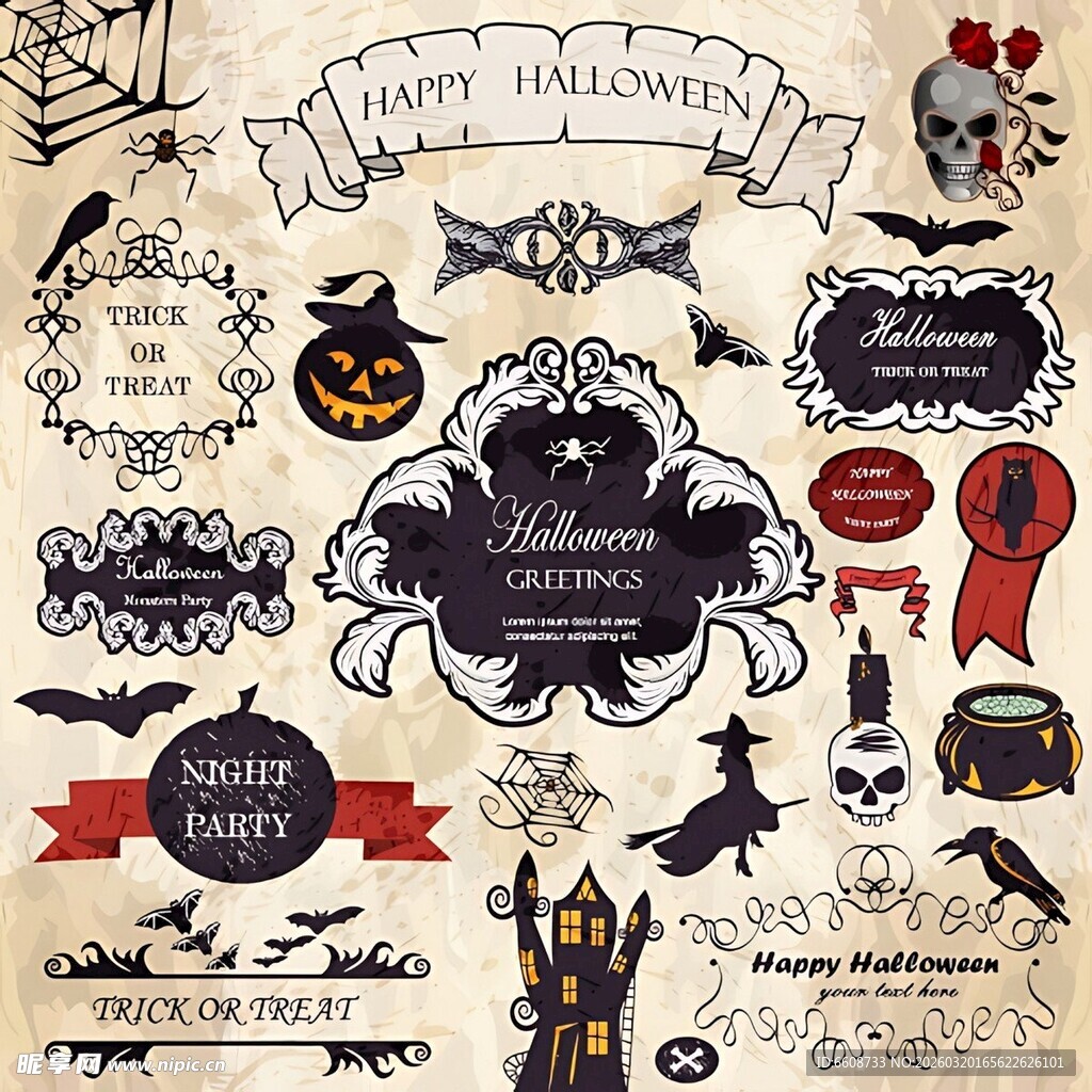 复古万圣节装饰元素集合