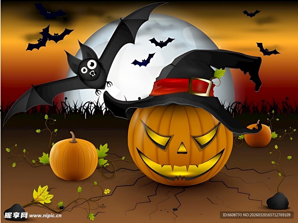 万圣节南瓜与蝙蝠夜景