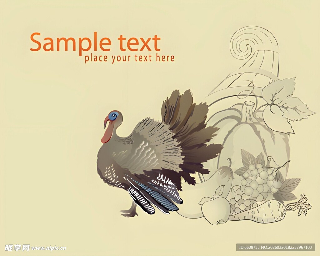 火鸡插画伴花叶装饰元素