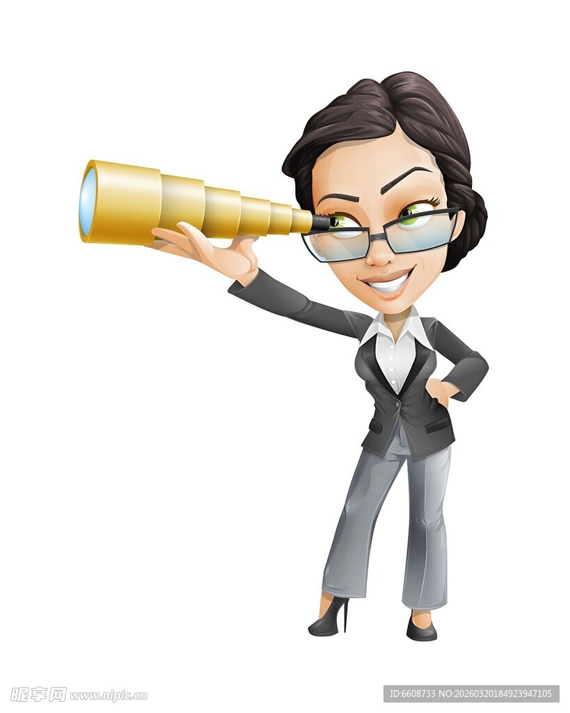 商务女性用望远镜展望未来