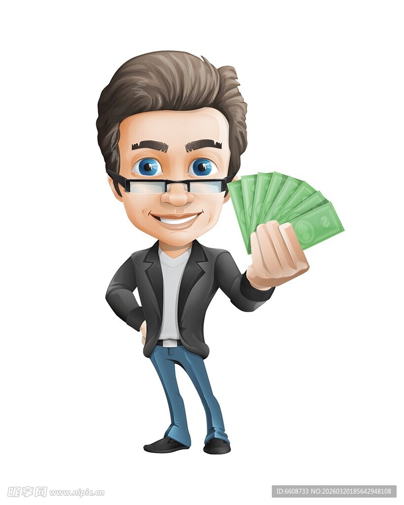 商务男士手持钞票卡通形象