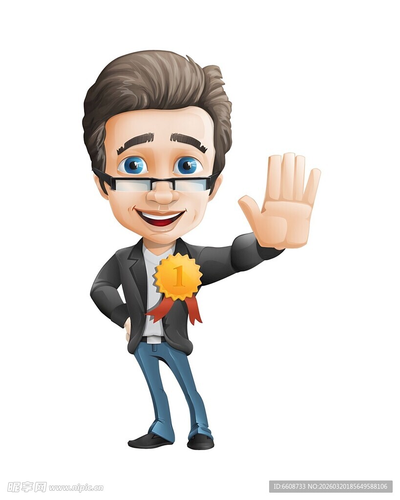 卡通男子挥手展示奖牌