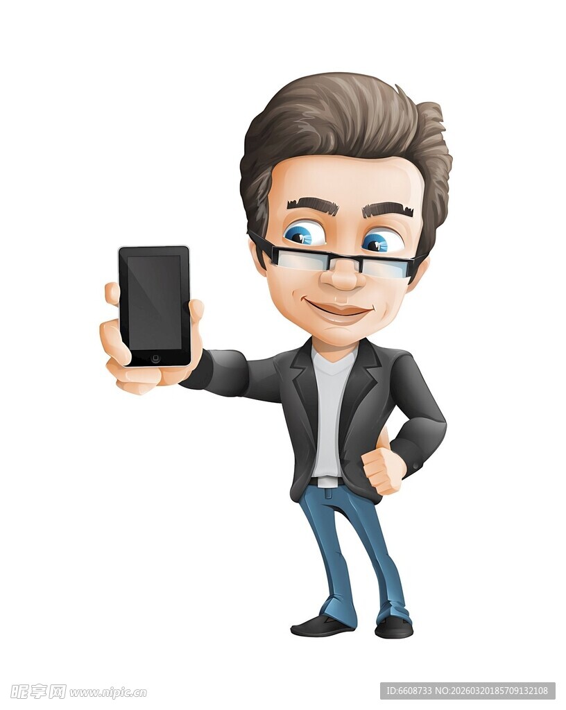 卡通男子手持手机自拍