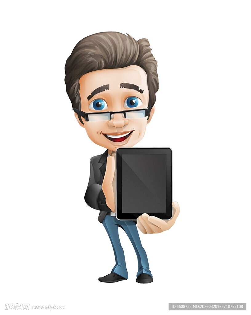 男子手持平板笑容满面